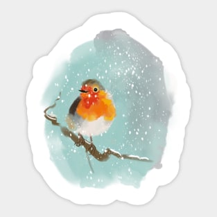 Robin on a tree branch in the snow Sticker